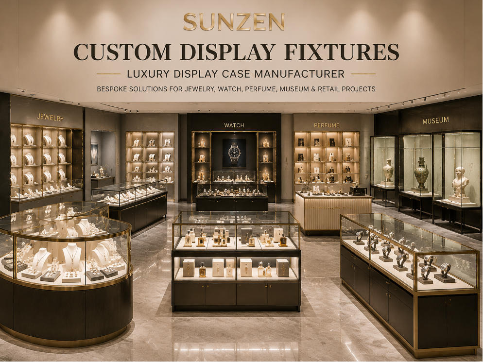 SUNZEN custom display fixtures and luxury display cases for jewelry watch perfume museum and retail projects